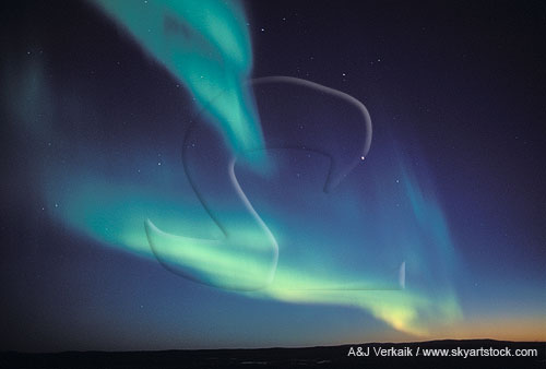 An arctic twilight with a grand sweep of green northern lights