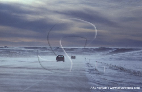 Vehicles on a highway in blowing snow
