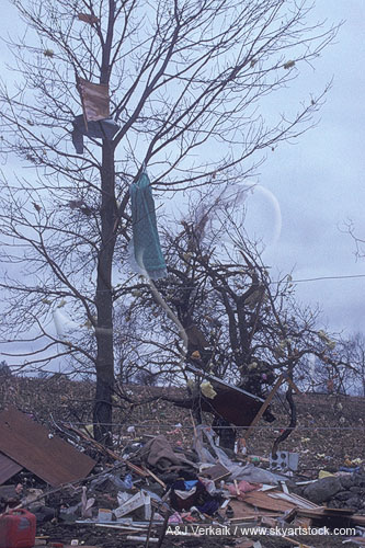 Tornado debris hangs in trees after a row of houses is destroyed