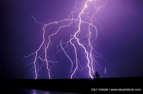 A tangle of multiple bolt lightning strikes tears through the night sky