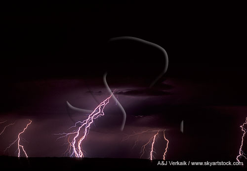 Lightning strikes appear windblown in an inky sky