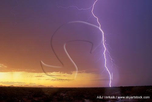 A single brilliant close lightning bolt strikes in a golden sunset