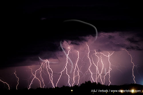 Many cloud-to-ground lightning bolts