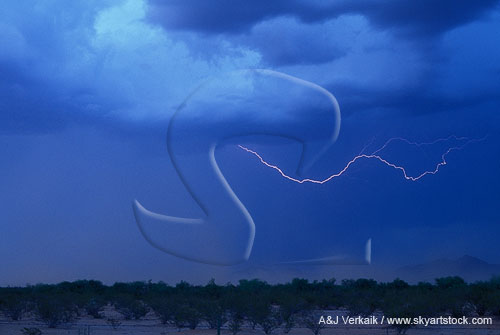 A horizontal filament of cloud-to-air lightning over a dust storm