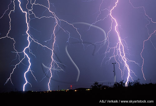 Close-up of hairy cloud-to-ground lightning bolts