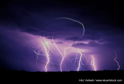 Hairy cloud-to-ground lightning strikes illuminate a storm