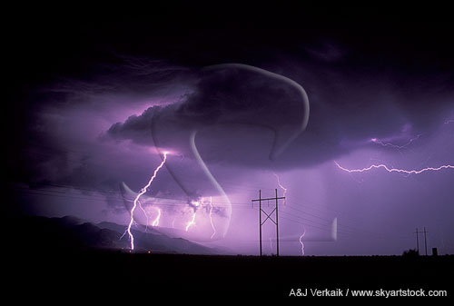 A brilliant lightning bolt dwarfs a power corridor