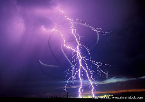 Finely branched lightning bolts criss-crossing in the sunset sky