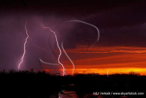 Two bright lightning bolts light up a rain shower in a brilliant red sky