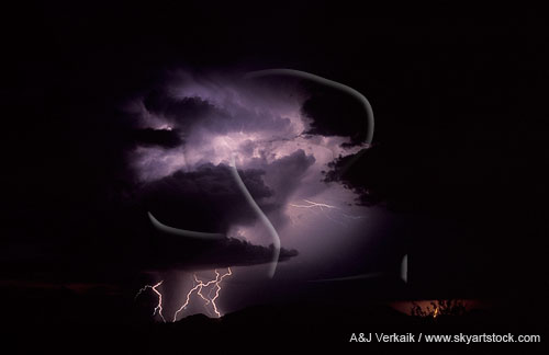 Three lightning forms light up a ghostly storm cloud