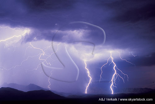 Intense, branched lightning bolts beside an illuminated rainstorm