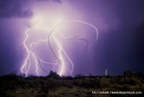 Brilliant lightning bolts fill the view and light up a sheet of rain