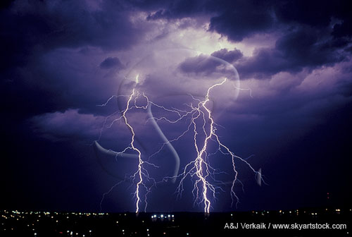 Cloud-to-ground lightning bolts branch over city lights