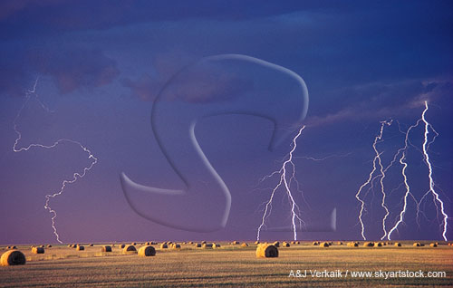 Rare beaded lightning bolt (bead lightning) in a hayfield in daylight