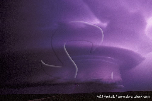 Mesocyclone at night, lit up by lightning