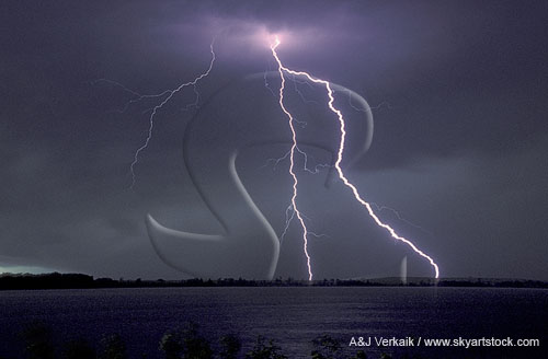 A splitting lightning strike, caused when leader encounters air change
