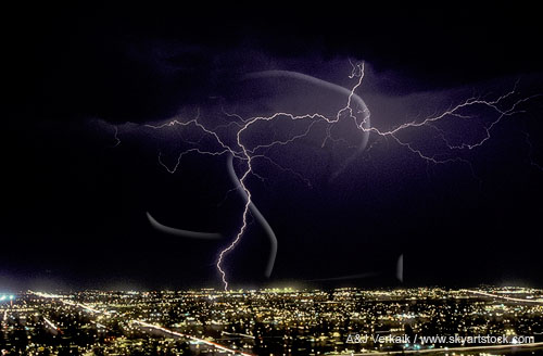 Lightning arcs and discharges over a city at night
