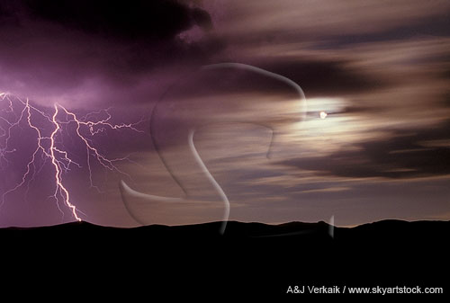 A strange, surreal scene with a lone lightning bolt in moonlight