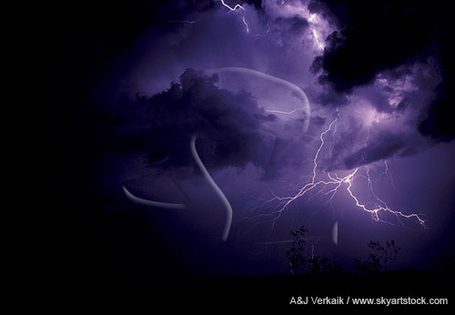 Sparks of spritzy cloud-to-air lightning in a stormy sky