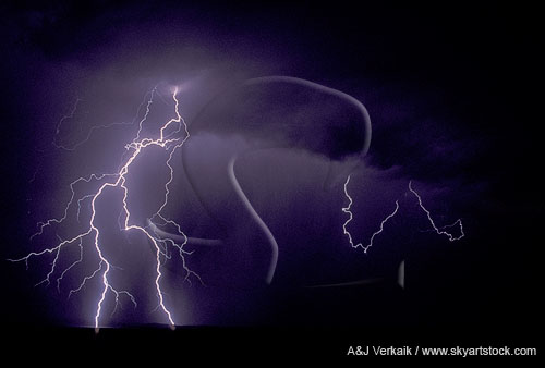 A forked, split cloud-to-ground lightning discharge with a filament