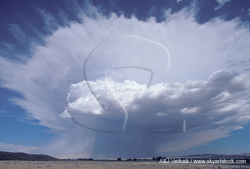 A bursting fan of anvil spreads upward from a storm 