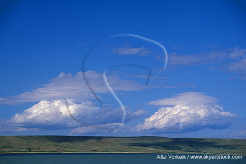 Two Cumulus clouds with Stratocumulus anvils, induced by hills
