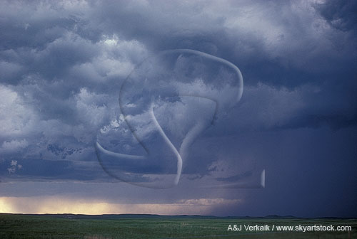 A tornadic funnel cloud hangs from a storm with a shrinking tornado