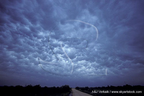 Overview of stormy sky with crinkly Mammatus clouds