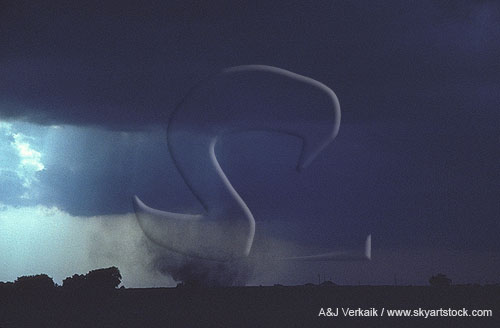Tornado sequence: close-up of tornado touchdown with debris cloud