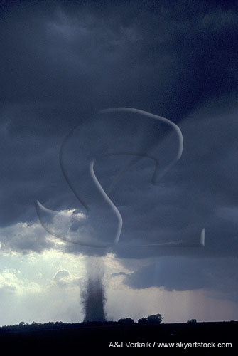 Tornado dirt column, part of sequence, with condensation funnel