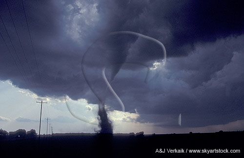 Mature tornado with condensation funnel, part of sequence
