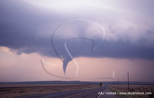 Tornado funnel, narrowing and becoming curved