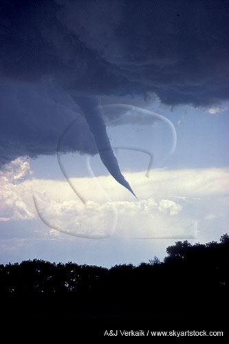 A tornadic funnel cloud descending from a storm base