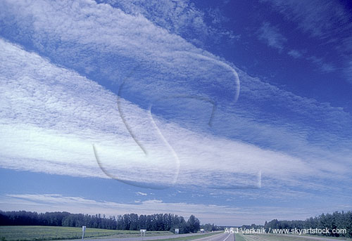 High, thin Altocumulus clouds in long streaky bands