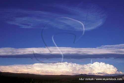 A band of layered wave cloud and distant thunderheads