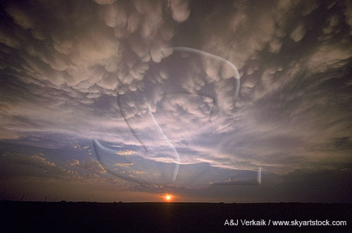 A sunset anvil cloud sheet, roughed up by sinking air