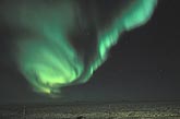 A whirling patch of green Aurora Borealis over arctic snow