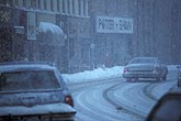 Winter driving on a snowy city street