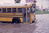 A school bus caught in street flooding after a thunderstorm