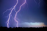 Two close forked lightning bolts pierce the sky