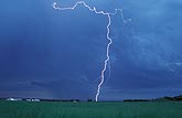 A single cloud-to-ground lightning bolt in full daylight is sharply etched