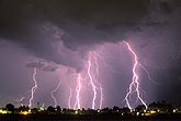 Multiple cloud-to-ground lightning over city lights