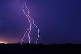 Cloud-to-ground lightning bolts in a twilight sky.