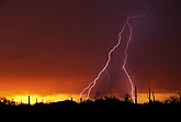 Lightning against a crimson sunset with organ pipe cactus