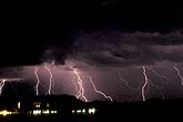 Multiple cloud-to-ground lightning strikes with town lights
