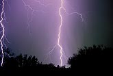 Very close cloud-to-ground lightning bolts strike fear