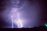 A cluster of brilliant cloud-to-ground lightning bolts flashes