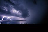 Lightning bolts strike through low clouds in a haunting stormy sky