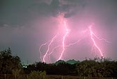 Cloud-to-ground lightning bolts glow pink through the rain