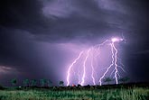 A cluster of cloud-to-ground lightning bolts in a stormy sky